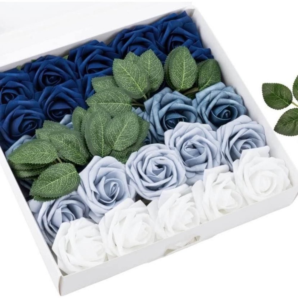 25 Count | Shades of Blue & White Artificial Flowers Wedding Bouquet Roses ~ New